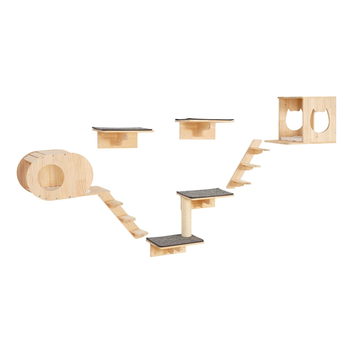 Set of 7 Wall‑Mounted Cat Shelves Perches, Wall Cat Furniture with Jumping Boards, Cat Bed & Hammock, Holds Up to 40 Lbs
