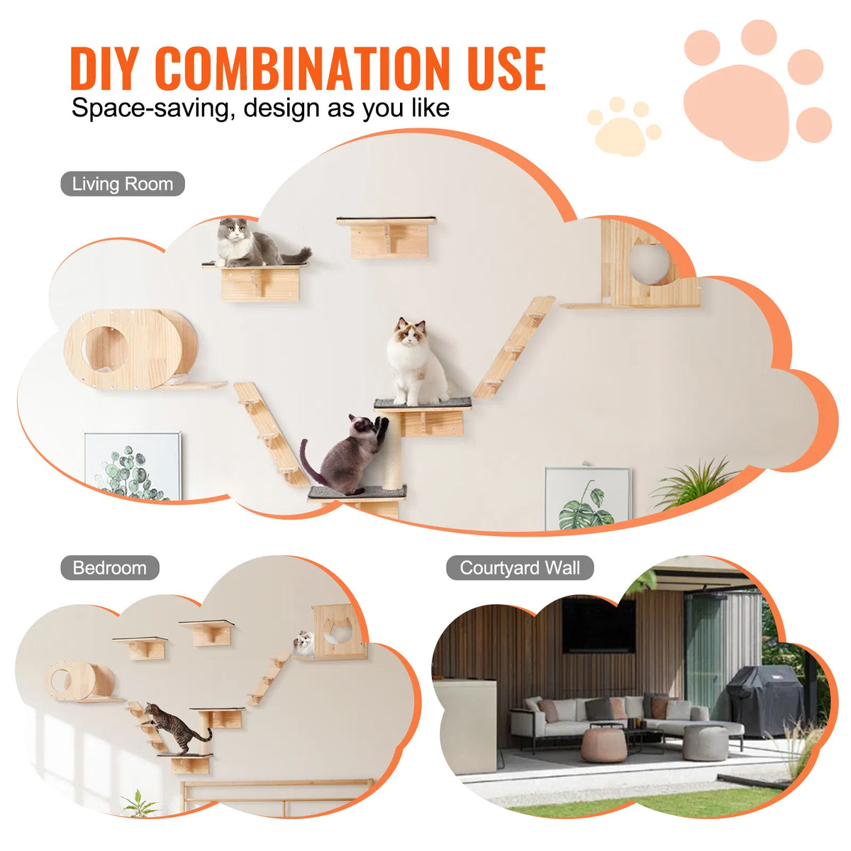 Set of 7 Wall‑Mounted Cat Shelves Perches, Wall Cat Furniture with Jumping Boards, Cat Bed & Hammock, Holds Up to 40 Lbs