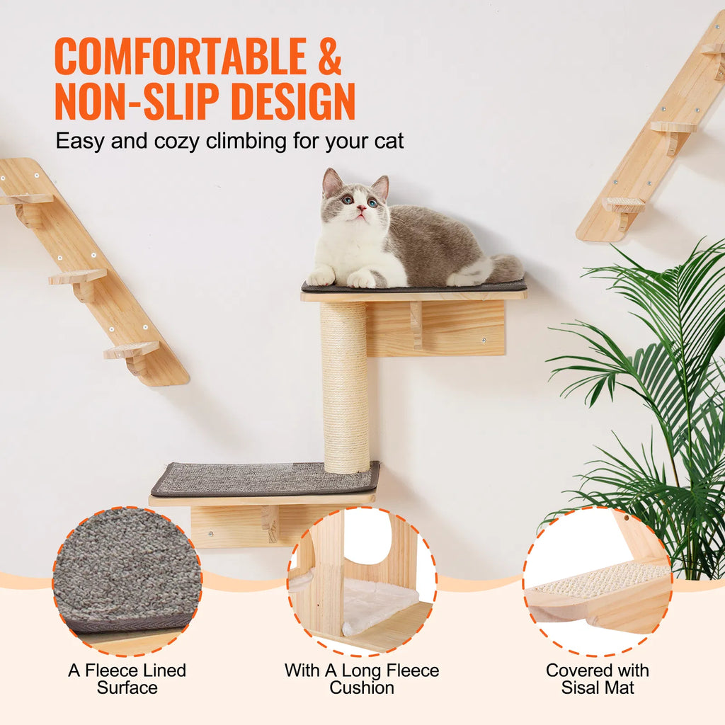 Set of 7 Wall‑Mounted Cat Shelves Perches, Wall Cat Furniture with Jumping Boards, Cat Bed & Hammock, Holds Up to 40 Lbs