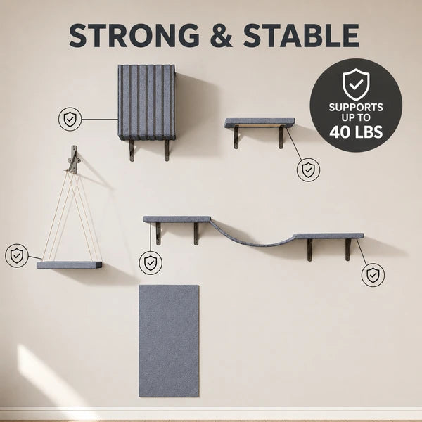 5-Piece Wall Mounted Cat Shelf Set, Wooden Cat Wall Furniture with Cat House, Hammock & Steps for Indoor Cats