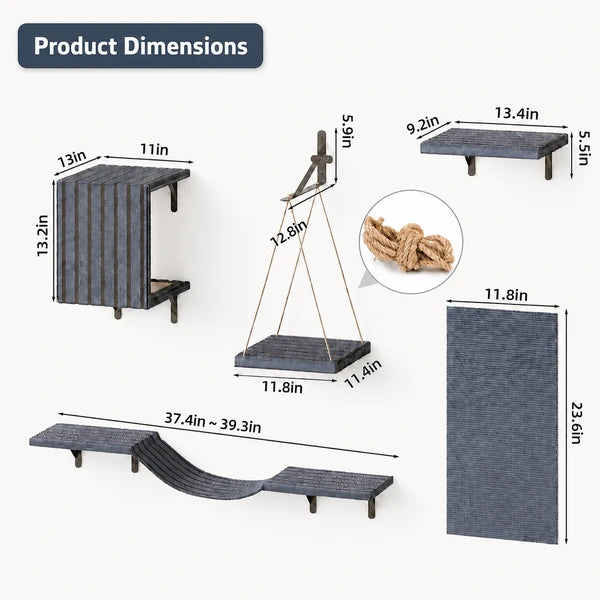 5-Piece Wall Mounted Cat Shelf Set, Wooden Cat Wall Furniture with Cat House, Hammock & Steps for Indoor Cats