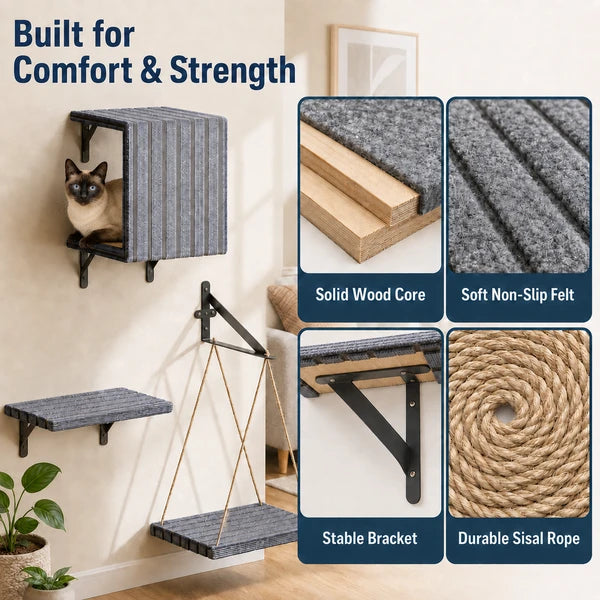 5-Piece Wall Mounted Cat Shelf Set, Wooden Cat Wall Furniture with Cat House, Hammock & Steps for Indoor Cats