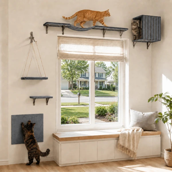 5-Piece Wall Mounted Cat Shelf Set, Wooden Cat Wall Furniture with Cat House, Hammock & Steps for Indoor Cats