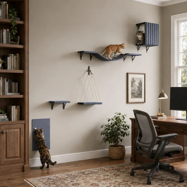 5-Piece Wall Mounted Cat Shelf Set, Wooden Cat Wall Furniture with Cat House, Hammock & Steps for Indoor Cats