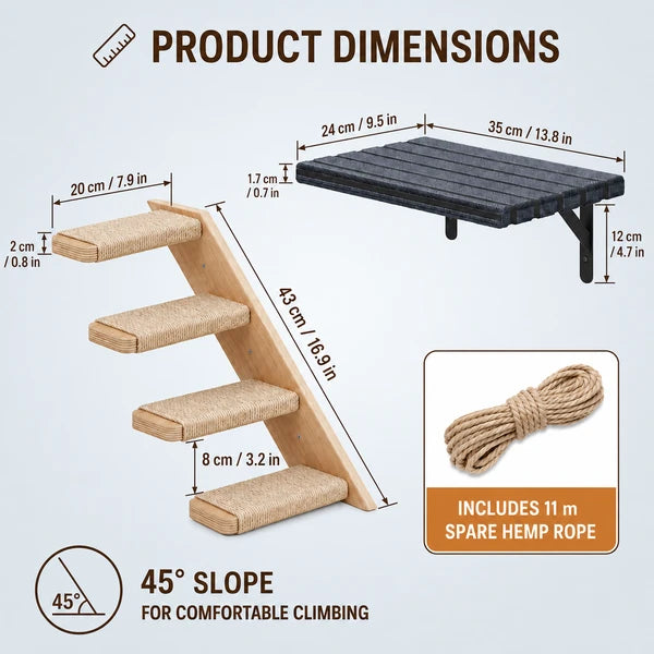 Cat Wall Shelves and Steps Set, Wall Mounted Wood Cat Climbing Stairs with Perch, Jute Wrapped Cat Ladder with 30LBS Capacity, Indoor Cat Furniture for Climbing Scratching