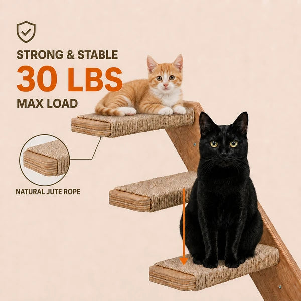 Cat Wall Shelves and Steps Set, Wall Mounted Wood Cat Climbing Stairs with Perch, Jute Wrapped Cat Ladder with 30LBS Capacity, Indoor Cat Furniture for Climbing Scratching
