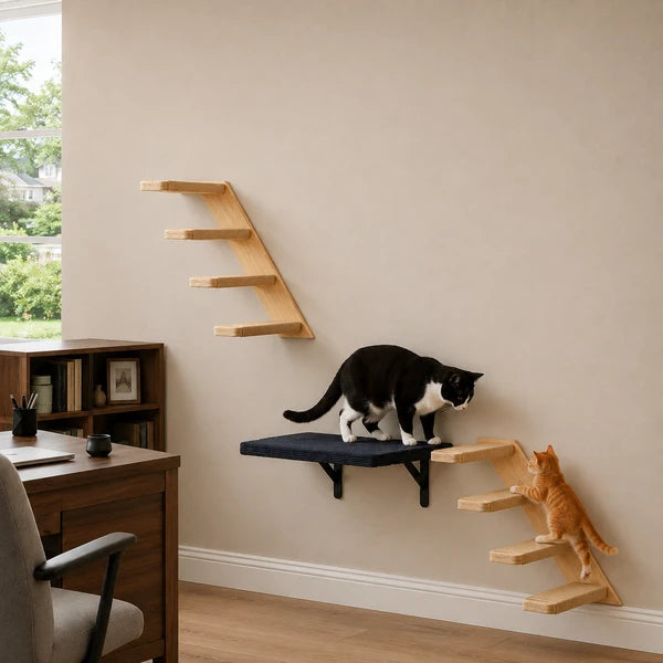 Cat Wall Shelves and Steps Set, Wall Mounted Wood Cat Climbing Stairs with Perch, Jute Wrapped Cat Ladder with 30LBS Capacity, Indoor Cat Furniture for Climbing Scratching
