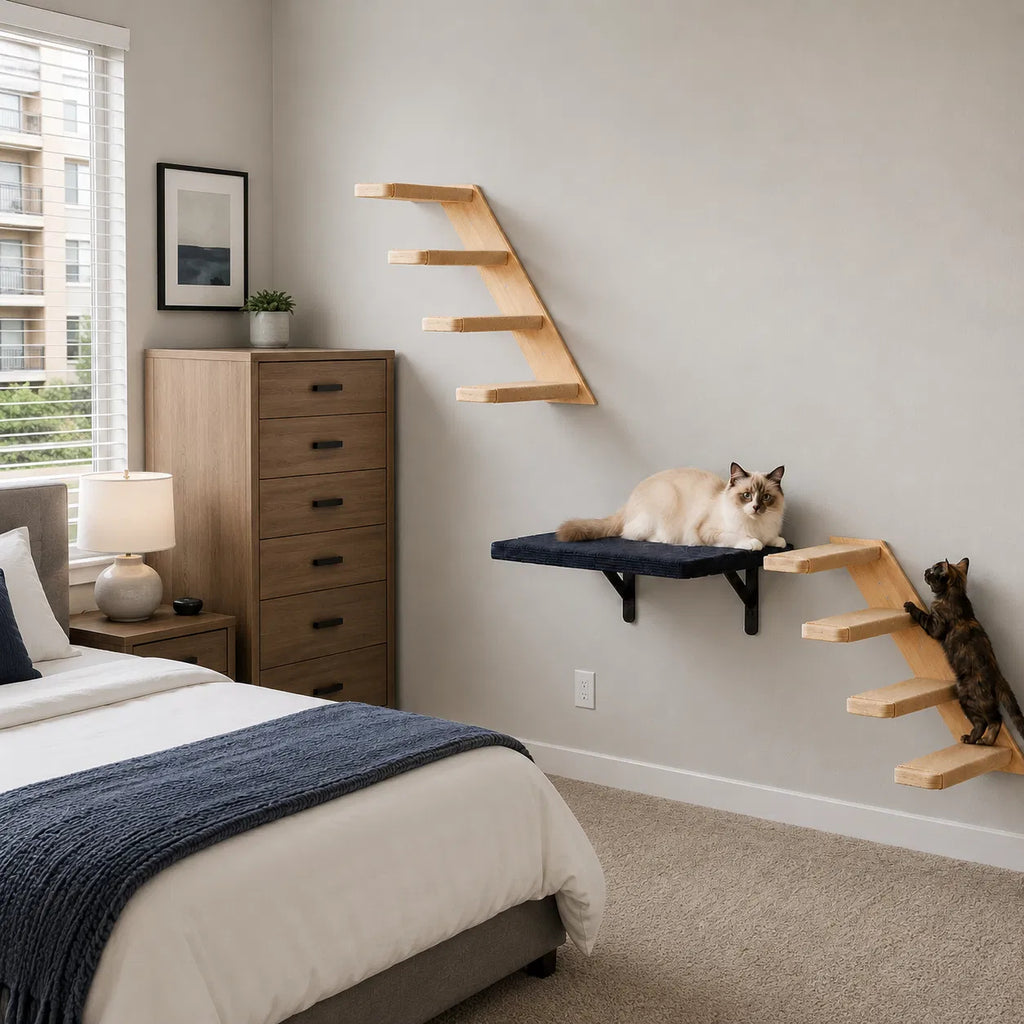 Cat Wall Shelves and Steps Set, Wall Mounted Wood Cat Climbing Stairs with Perch, Jute Wrapped Cat Ladder with 30LBS Capacity, Indoor Cat Furniture for Climbing Scratching