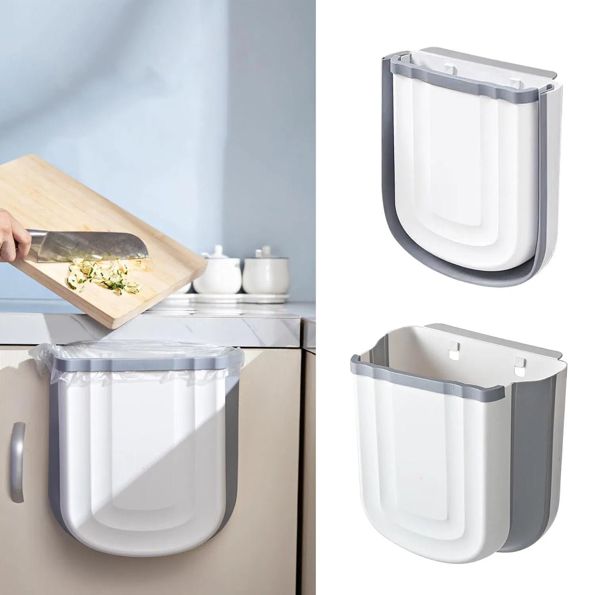 Wall‑Mounted Foldable Trash Can, 2.4 Gallon Hanging Collapsible Plastic Waste Bin for Kitchen Cabinet Door, Multi‑Purpose Garbage Bin for Bathroom, Bedroom & Car