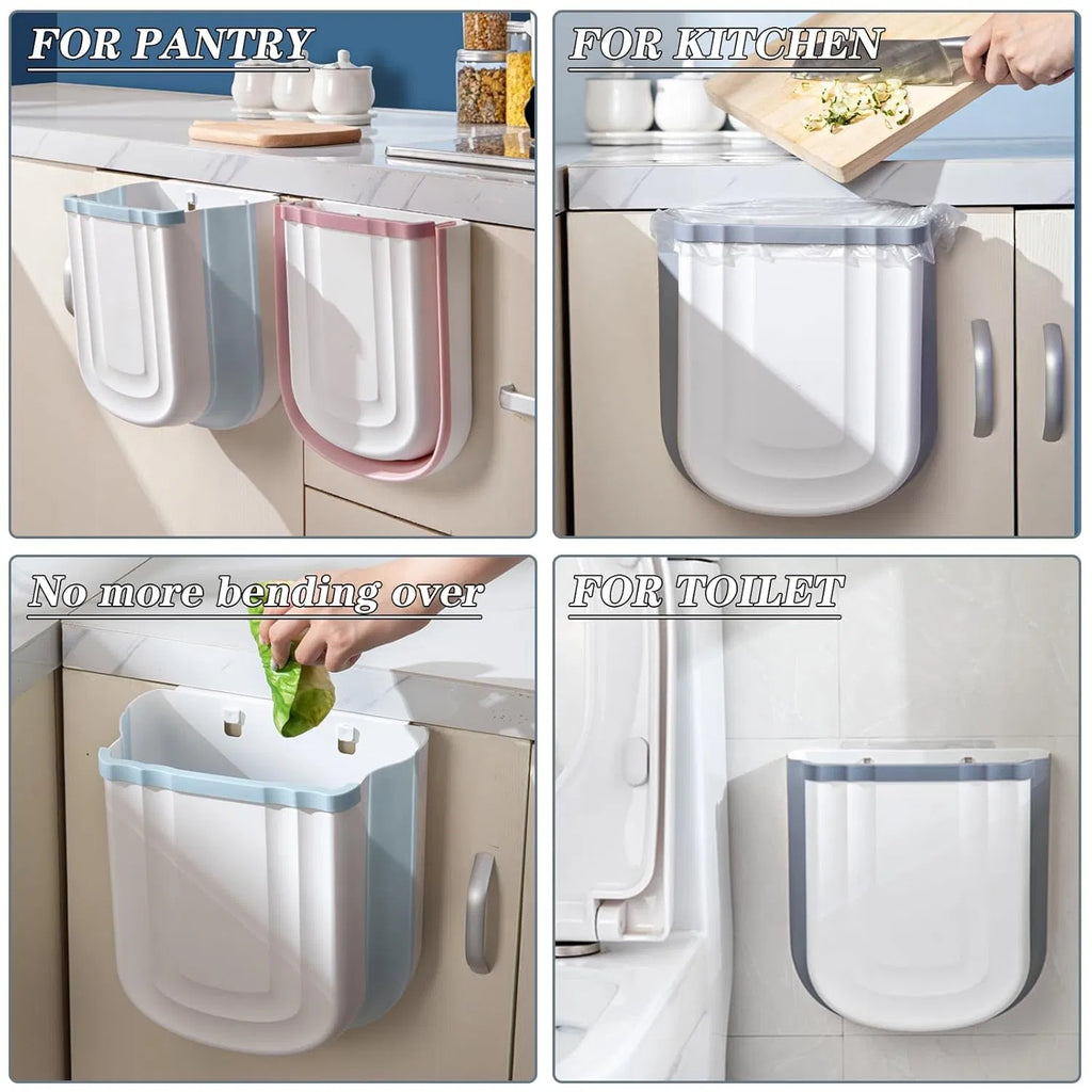 Wall‑Mounted Foldable Trash Can, 2.4 Gallon Hanging Collapsible Plastic Waste Bin for Kitchen Cabinet Door, Multi‑Purpose Garbage Bin for Bathroom, Bedroom & Car