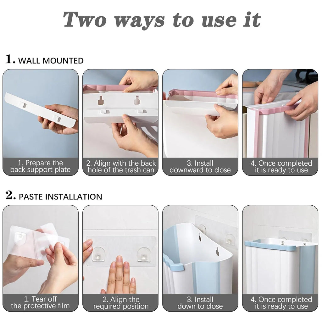 Wall‑Mounted Foldable Trash Can, 2.4 Gallon Hanging Collapsible Plastic Waste Bin for Kitchen Cabinet Door, Multi‑Purpose Garbage Bin for Bathroom, Bedroom & Car