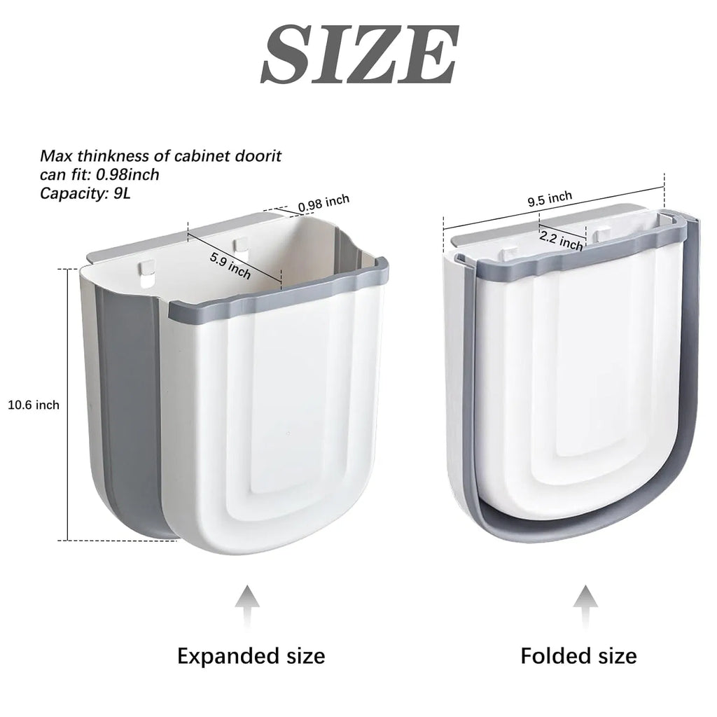 Wall‑Mounted Foldable Trash Can, 2.4 Gallon Hanging Collapsible Plastic Waste Bin for Kitchen Cabinet Door, Multi‑Purpose Garbage Bin for Bathroom, Bedroom & Car