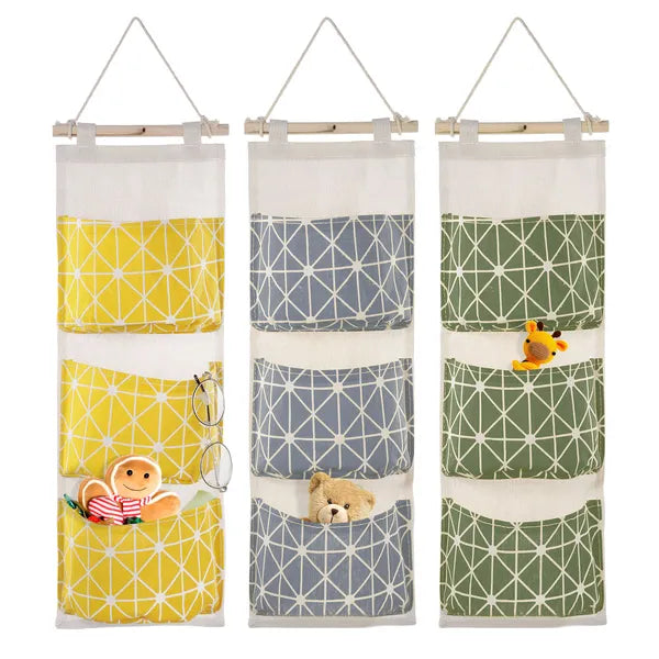 Grey Wall Mounted Hanging Storage Bag, 3-Pocket Waterproof Linen Cotton Organizer for Door, Closet & Bedroom