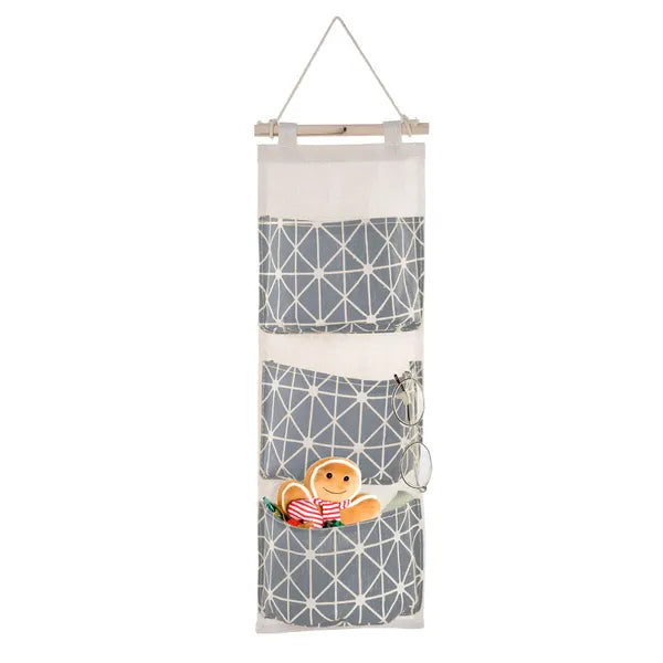 Grey Wall Mounted Hanging Storage Bag, 3-Pocket Waterproof Linen Cotton Organizer for Door, Closet & Bedroom