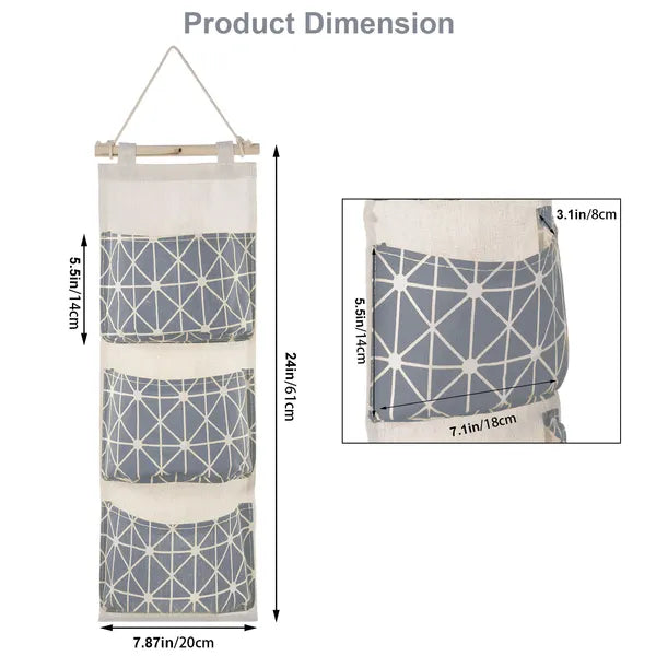 Grey Wall Mounted Hanging Storage Bag, 3-Pocket Waterproof Linen Cotton Organizer for Door, Closet & Bedroom
