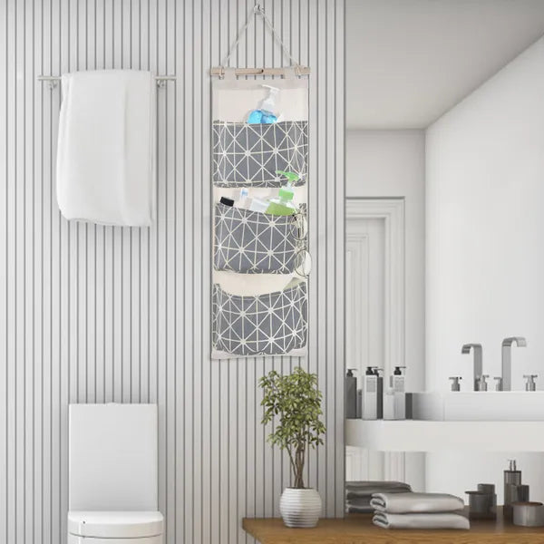 Grey Wall Mounted Hanging Storage Bag, 3-Pocket Waterproof Linen Cotton Organizer for Door, Closet & Bedroom
