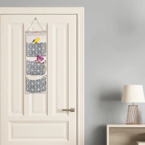 Grey Wall Mounted Hanging Storage Bag, 3-Pocket Waterproof Linen Cotton Organizer for Door, Closet & Bedroom