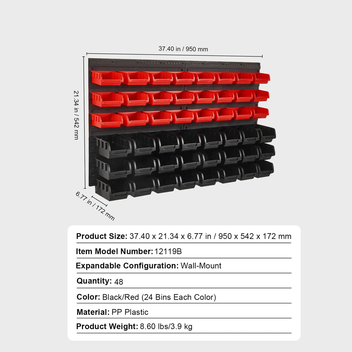 48‑Bin Wall‑Mounted Parts Storage Organizer, PP Plastic Hanging & Stackable Hardware Bins Black & Red for Garage Workshop Small Parts