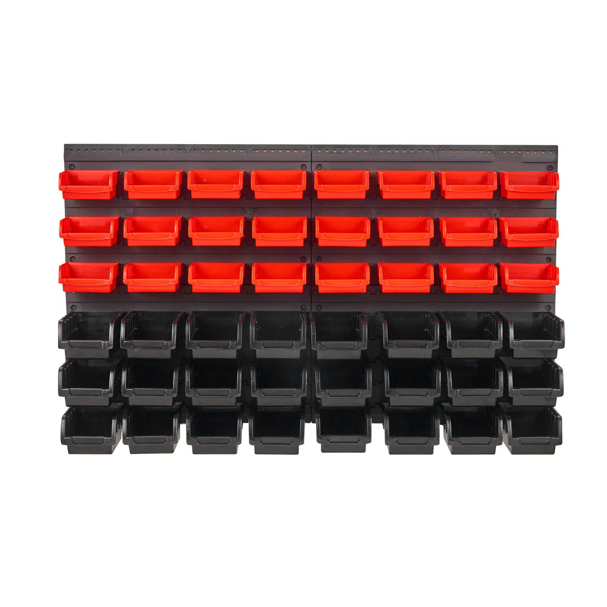 48‑Bin Wall‑Mounted Parts Storage Organizer, PP Plastic Hanging & Stackable Hardware Bins Black & Red for Garage Workshop Small Parts