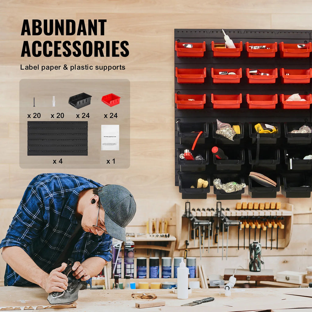 48‑Bin Wall‑Mounted Parts Storage Organizer, PP Plastic Hanging & Stackable Hardware Bins Black & Red for Garage Workshop Small Parts