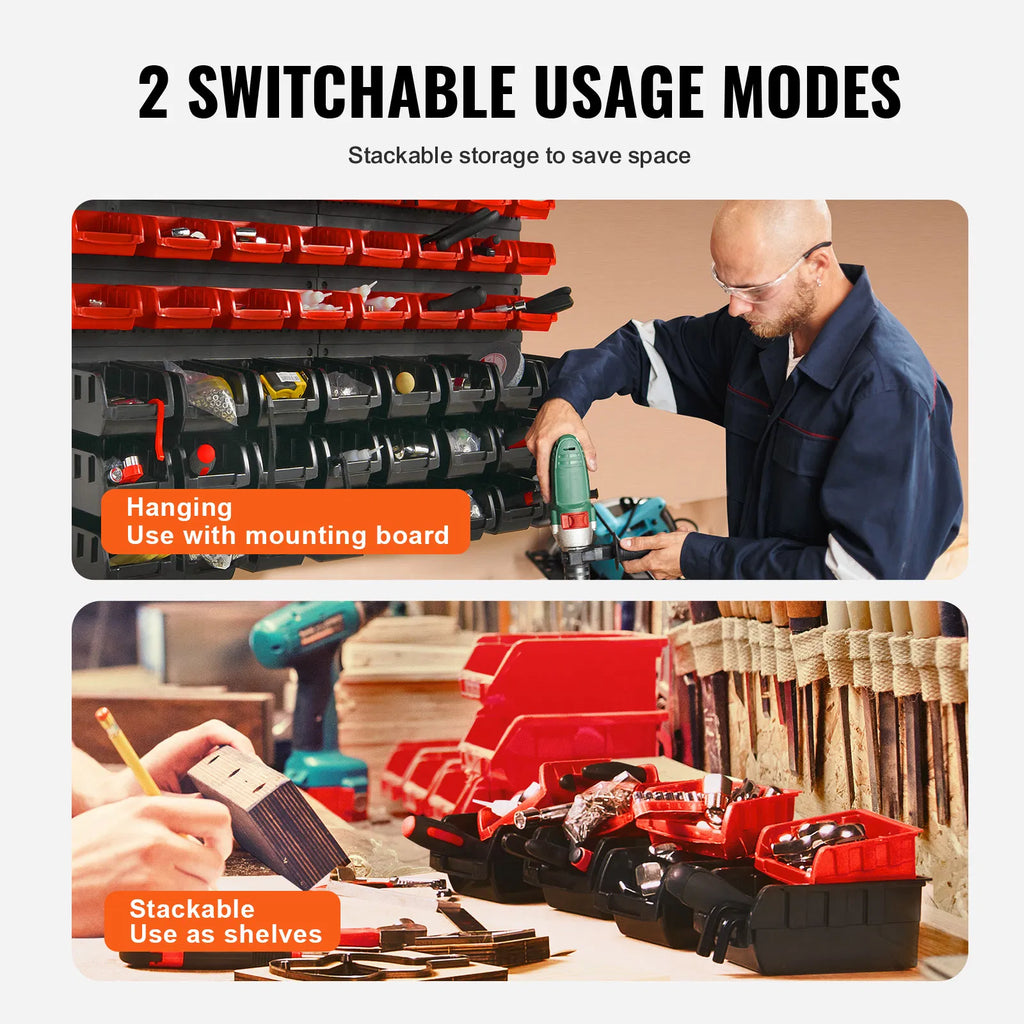 48‑Bin Wall‑Mounted Parts Storage Organizer, PP Plastic Hanging & Stackable Hardware Bins Black & Red for Garage Workshop Small Parts