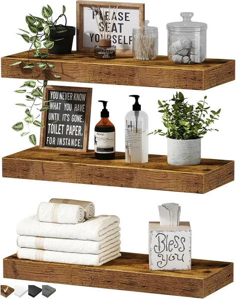 3 Pack Floating Wall Shelves, Rustic Farmhouse MDF Floating Shelves with Metal Brackets, 25lbs Load Capacity Wall Mount Display Shelf for Bathroom Kitchen Bedroom Decor