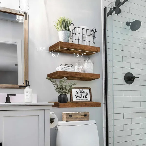 3 Pack Floating Wall Shelves, Rustic Farmhouse MDF Floating Shelves with Metal Brackets, 25lbs Load Capacity Wall Mount Display Shelf for Bathroom Kitchen Bedroom Decor