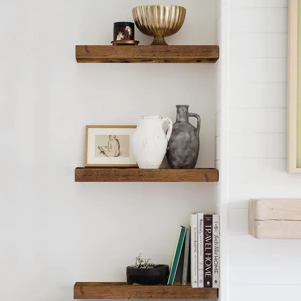 3 Pack Floating Wall Shelves, Rustic Farmhouse MDF Floating Shelves with Metal Brackets, 25lbs Load Capacity Wall Mount Display Shelf for Bathroom Kitchen Bedroom Decor