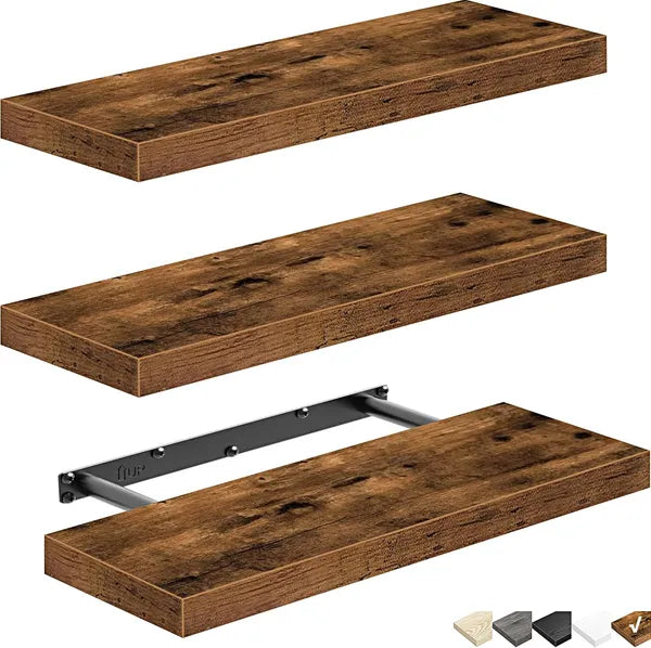 3 Pack Floating Wall Shelves, Rustic Farmhouse MDF Floating Shelves with Metal Brackets, 25lbs Load Capacity Wall Mount Display Shelf for Bathroom Kitchen Bedroom Decor