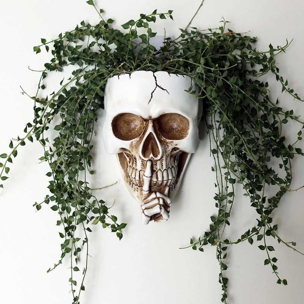 Don't Speak Skull Wall Planter, Resin Face Vase, Indoor Outdoor Plants, 7 Inch Gothic Halloween Decor with Drainage, White