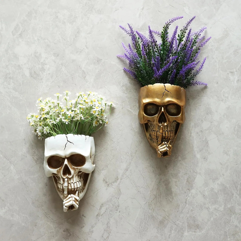Don't Speak Skull Wall Planter, Resin Face Vase, Indoor Outdoor Plants, 7 Inch Gothic Halloween Decor with Drainage, White