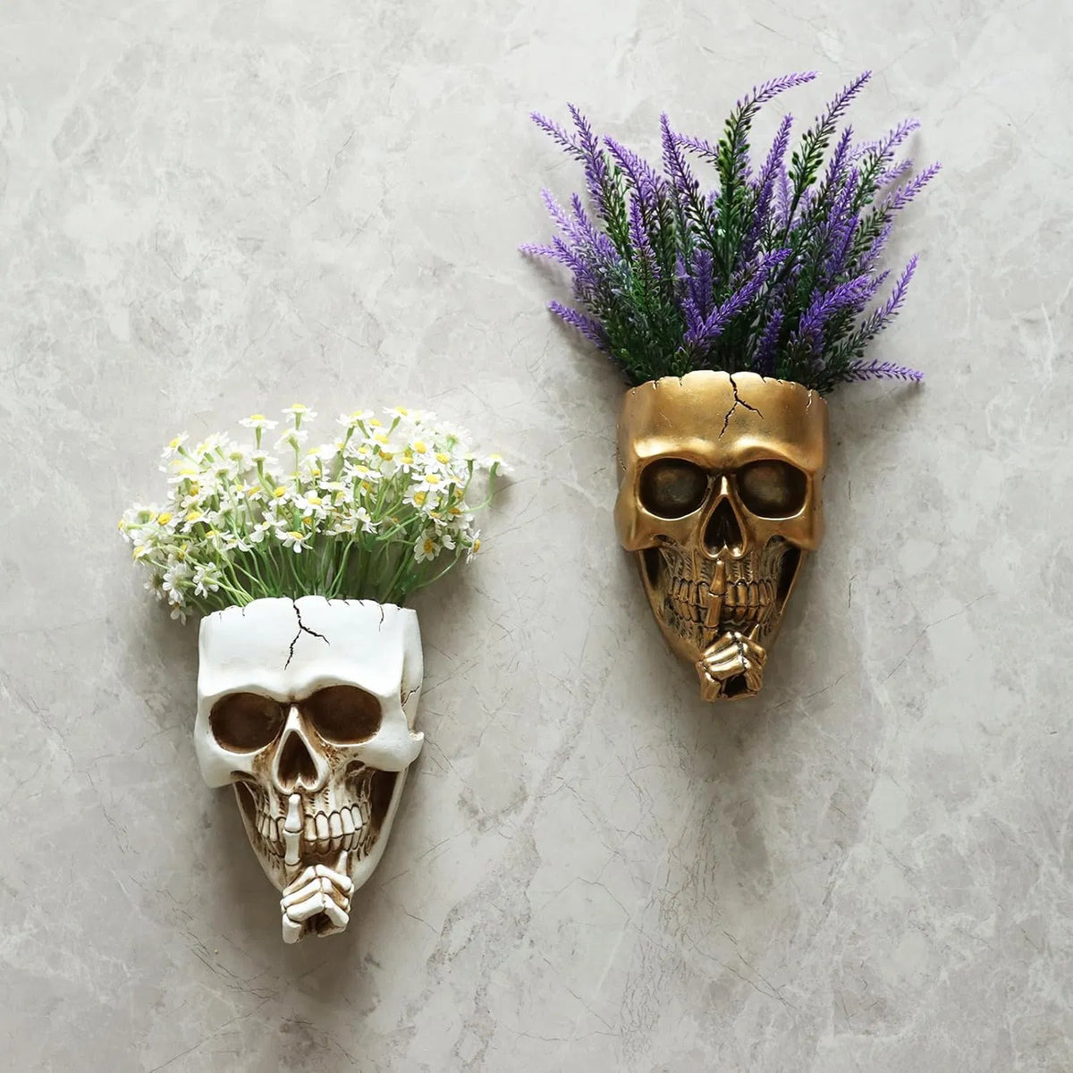 Don't Speak Skull Wall Planter, Resin Face Vase, Indoor Outdoor Plants, 7 Inch Gothic Halloween Decor with Drainage, White
