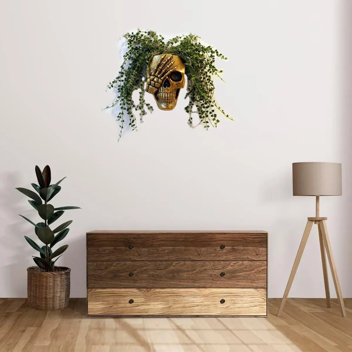 Don't Look Skull Wall Planter, Resin Face Vase, Indoor Outdoor Plants, 7 Inch Gothic Halloween Decor with Drainage, Gold