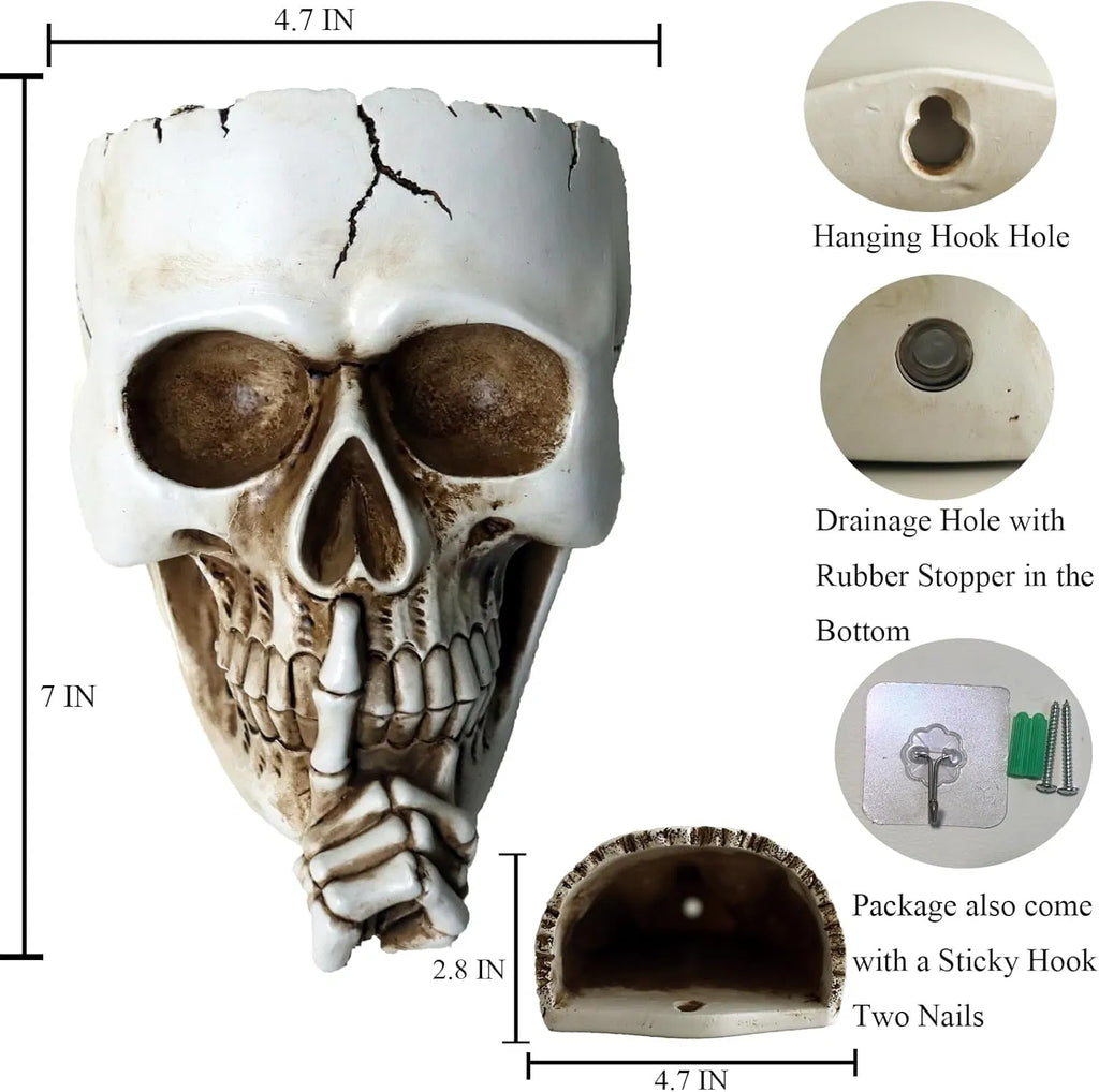 Don't Speak Skull Wall Planter, Resin Face Vase, Indoor Outdoor Plants, 7 Inch Gothic Halloween Decor with Drainage, White