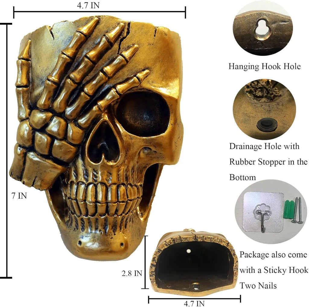 Don't Look Skull Wall Planter, Resin Face Vase, Indoor Outdoor Plants, 7 Inch Gothic Halloween Decor with Drainage, Gold