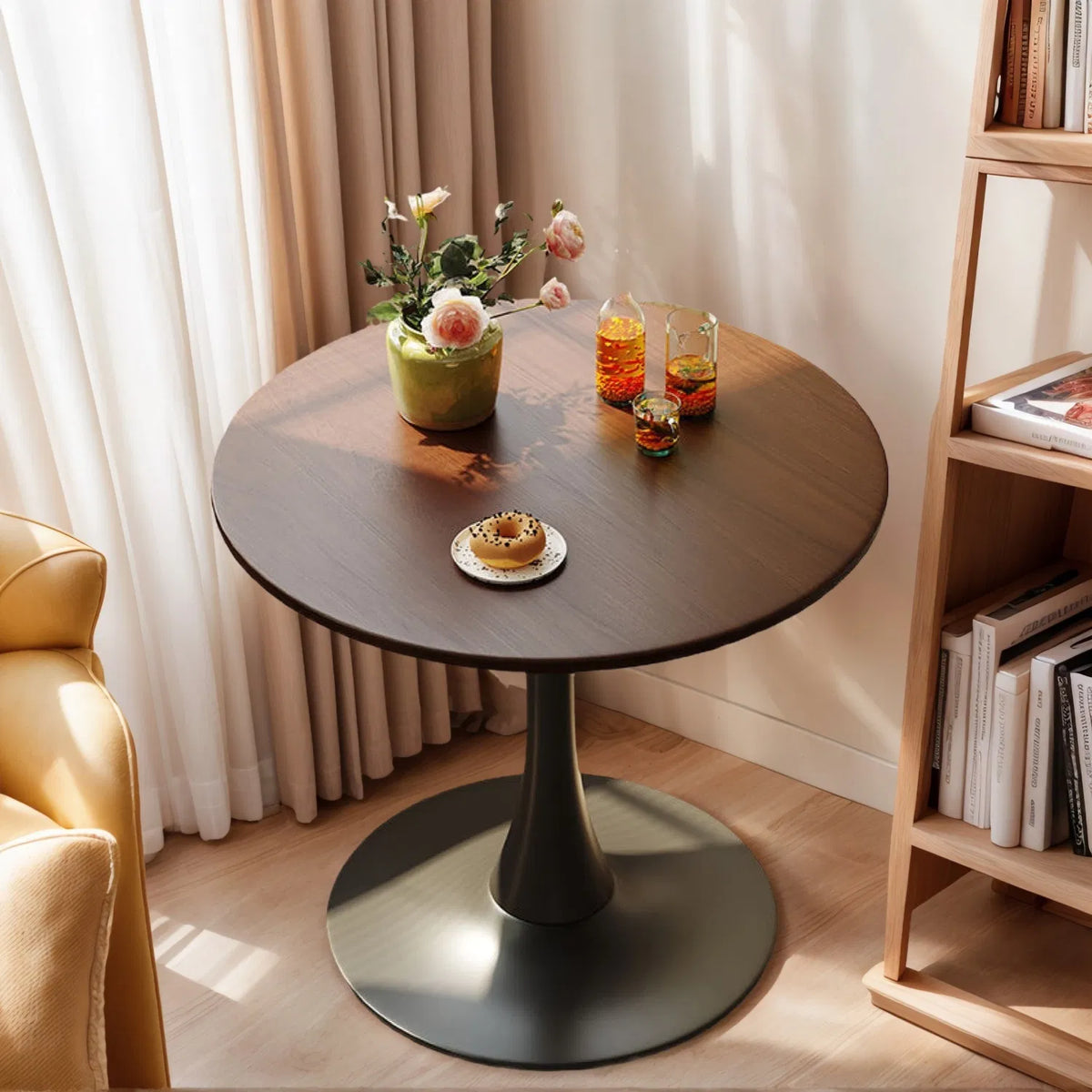 Mid‑Century Modern 24" Round Tulip Table, Walnut MDF Top with Steel Base, Multi‑Purpose Dining Coffee Table for Apartment