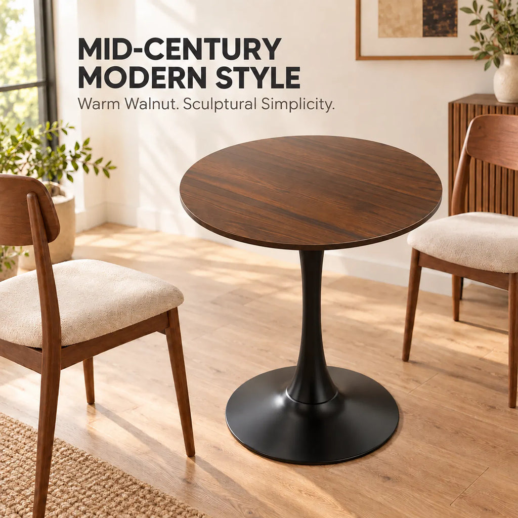Mid‑Century Modern 24" Round Tulip Table, Walnut MDF Top with Steel Base, Multi‑Purpose Dining Coffee Table for Apartment