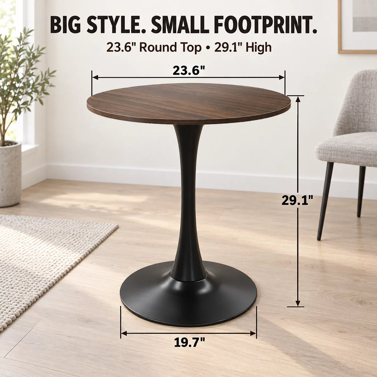 Mid‑Century Modern 24" Round Tulip Table, Walnut MDF Top with Steel Base, Multi‑Purpose Dining Coffee Table for Apartment
