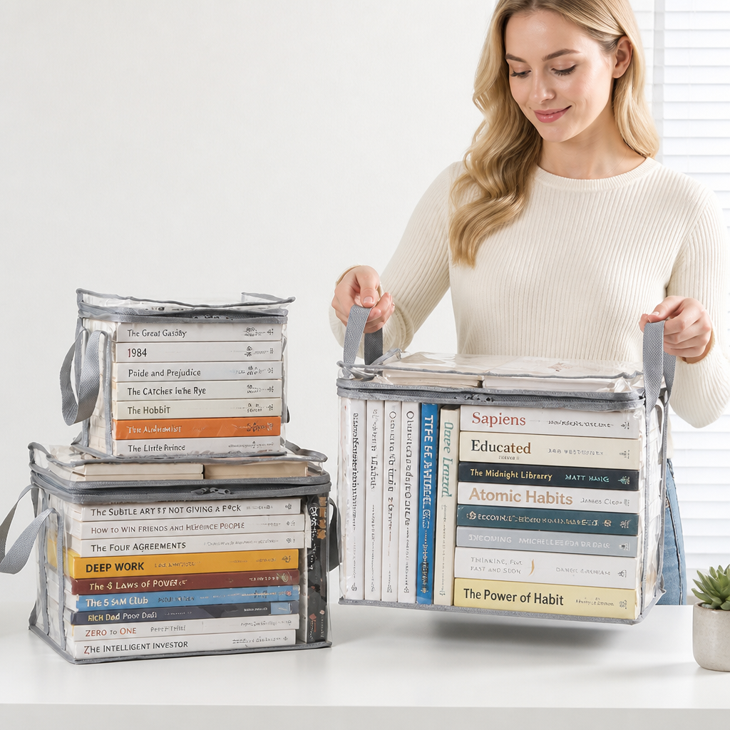 2 Pack Stackable Foldable Transparent Storage Box with Zipper Lid & Handles, Home Office Closet Organizer for Clothes Books File