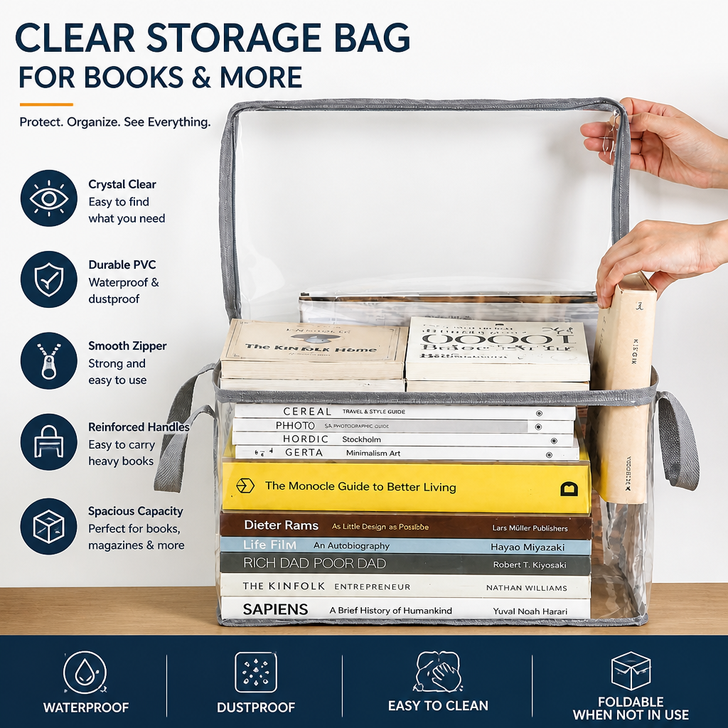 2 Pack Stackable Foldable Transparent Storage Box with Zipper Lid & Handles, Home Office Closet Organizer for Clothes Books File