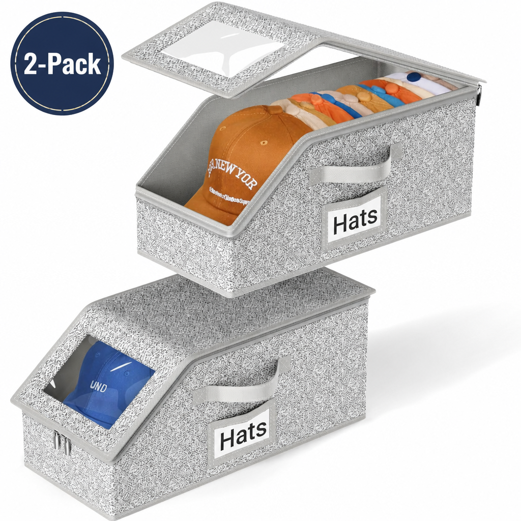 2 Pack Stackable Hat Storage for Baseball Caps, Holds up to 12 Caps Each, Grey Hat Organizer for Closet, Sturdy Cardboard Hat Boxes for Men
