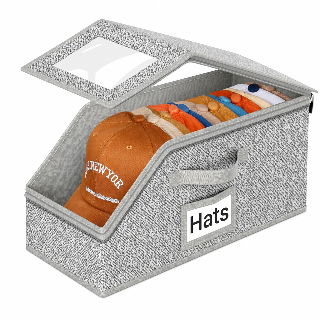 Stackable Hat Organizer for Baseball Caps, Holds up to 12 Caps Each, Sturdy Grey Hat Storage Box with Cardboard for Closet