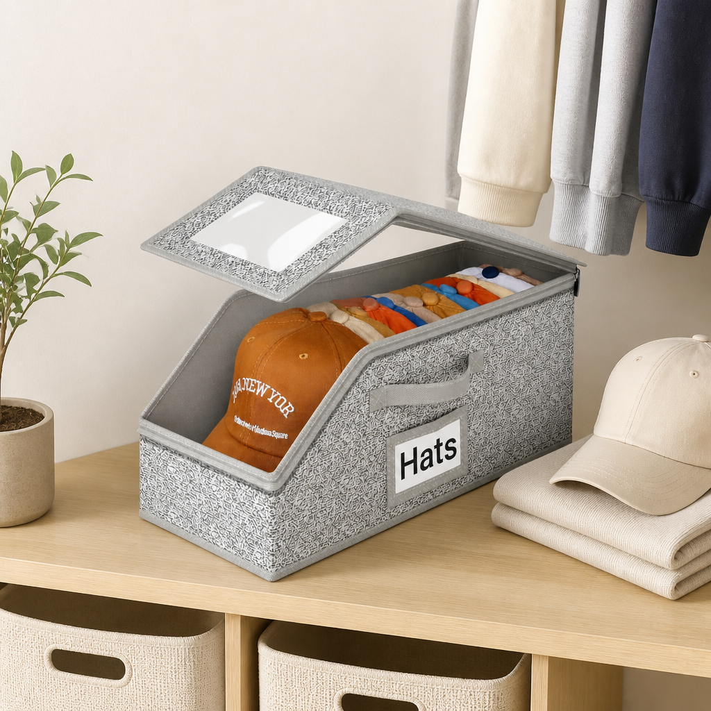 Stackable Hat Organizer for Baseball Caps, Holds up to 12 Caps Each, Sturdy Grey Hat Storage Box with Cardboard for Closet
