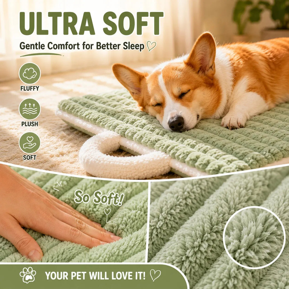 Washable Plush Dog Bed Mat with Carry Handle, Quilted Crate Pad & Kennel Liner, Portable All-Season Pet Mat for Dogs & Cats