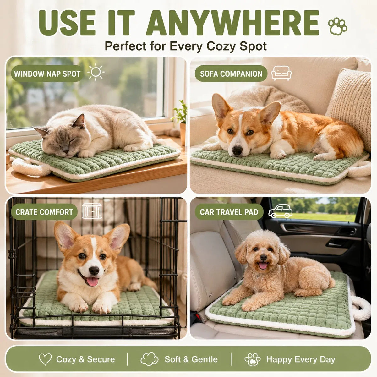 Washable Plush Dog Bed Mat with Carry Handle, Quilted Crate Pad & Kennel Liner, Portable All-Season Pet Mat for Dogs & Cats