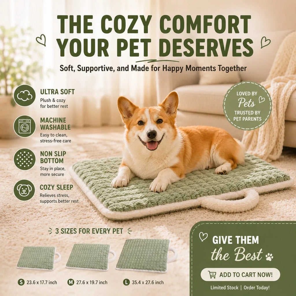 Washable Plush Dog Bed Mat with Carry Handle, Quilted Crate Pad & Kennel Liner, Portable All-Season Pet Mat for Dogs & Cats