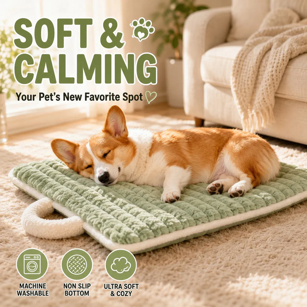 Washable Plush Dog Bed Mat with Carry Handle, Quilted Crate Pad & Kennel Liner, Portable All-Season Pet Mat for Dogs & Cats