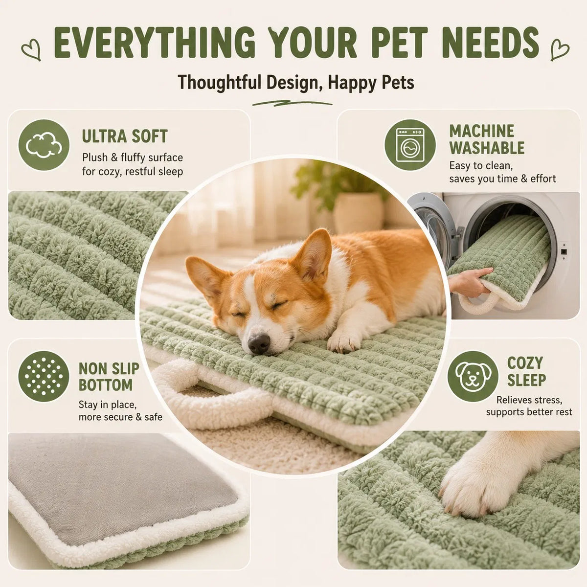 Washable Plush Dog Bed Mat with Carry Handle, Quilted Crate Pad & Kennel Liner, Portable All-Season Pet Mat for Dogs & Cats