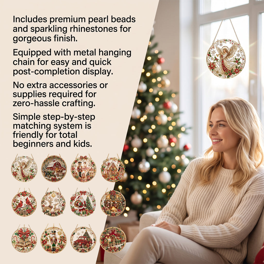 Christmas Pearl Diamond Art Ornament Kit, DIY Acrylic Hanging Suncatcher, Holiday Window & Tree Decor for Adults