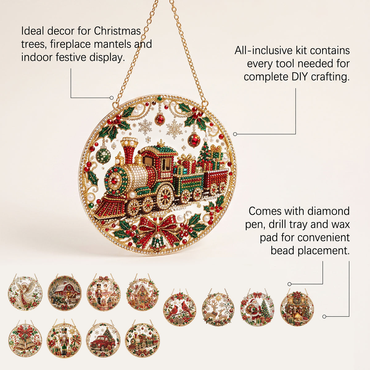 5D Diamond Art Ornament Kit - 8" Round Suncatcher Gem Painting Craft, Christmas DIY Kit for Kids